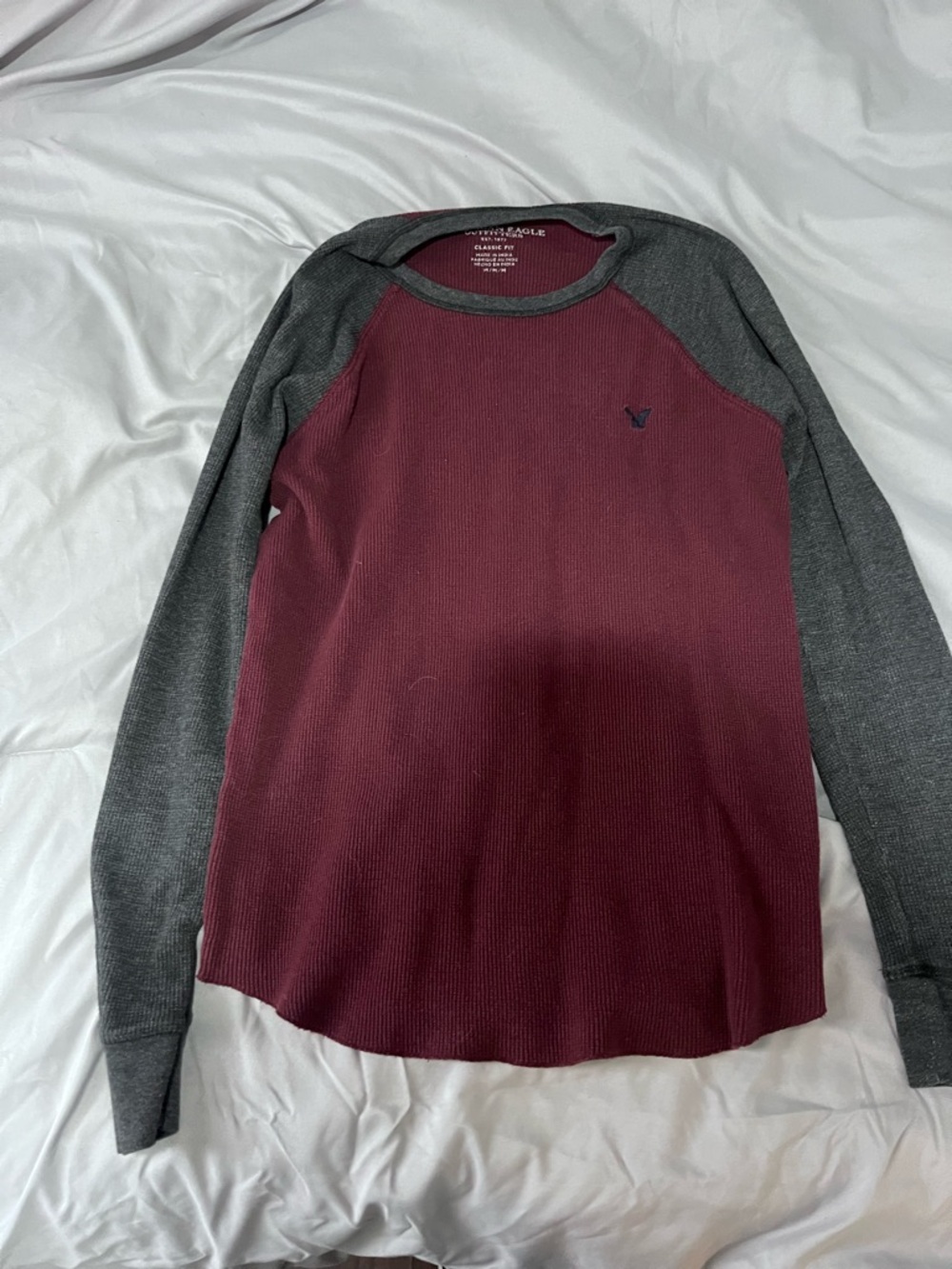 American Eagle Outfitters Maroon Body with Gray Raglan Long-Sleeve Shirt